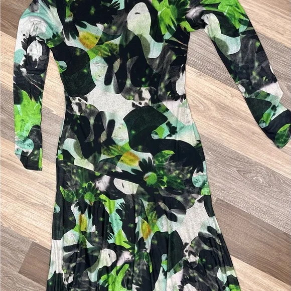 Topshop Green and Black Abstract Print Maxi Dress Long Sleeves mesh 8-10 - Picture 2 of 9